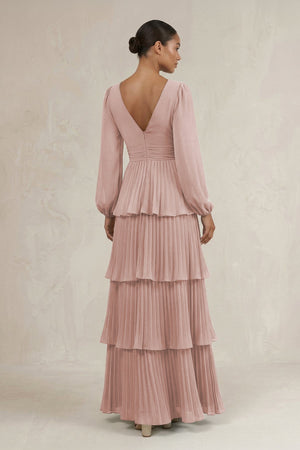 V - Neck Tiered A - Line Long Sleeve Bridesmaid Dress in Toffee - KissProm Bridesmaid Dresses