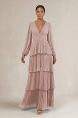 V - Neck Tiered A - Line Long Sleeve Bridesmaid Dress in Toffee - KissProm Bridesmaid Dresses