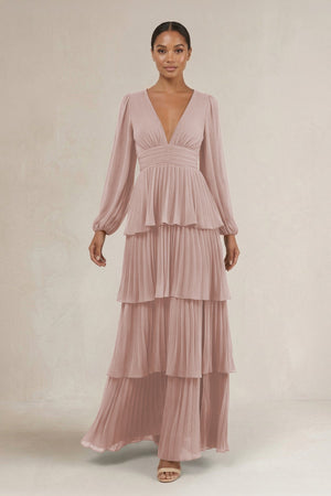 V - Neck Tiered A - Line Long Sleeve Bridesmaid Dress in Toffee - KissProm Bridesmaid Dresses