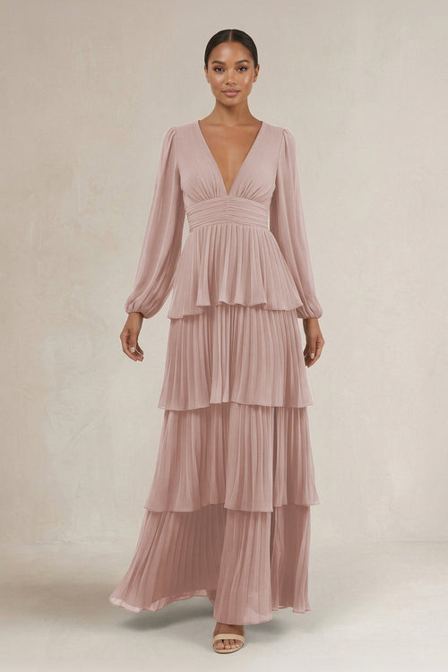 V - Neck Tiered A - Line Long Sleeve Bridesmaid Dress in Toffee - KissProm Bridesmaid Dresses