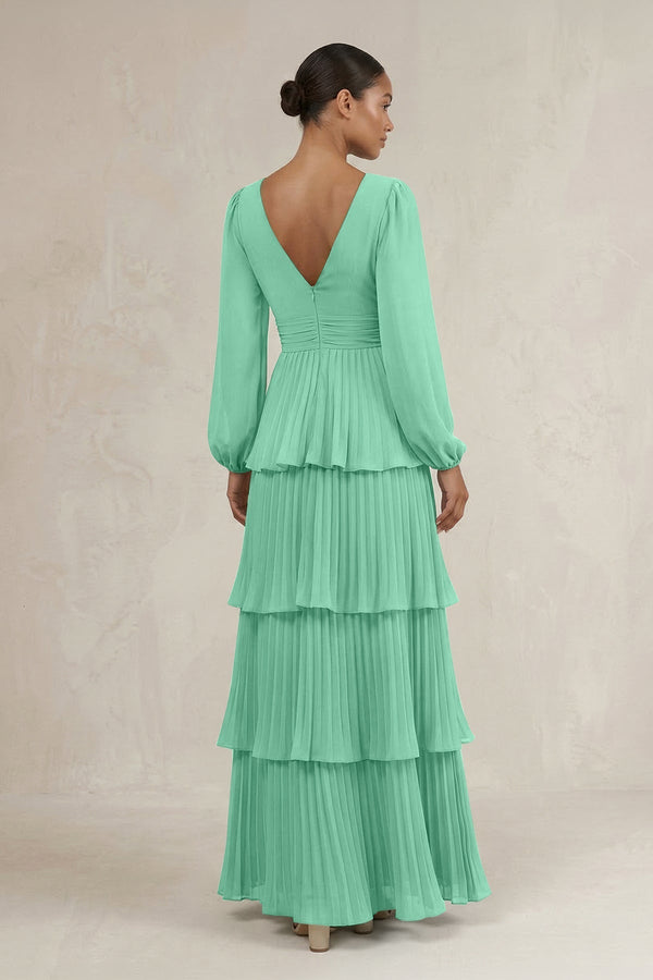 V - Neck Tiered A - Line Long Sleeve Bridesmaid Dress in Turquoise - KissProm Bridesmaid Dresses