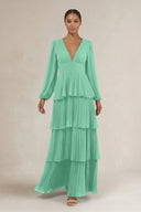 V - Neck Tiered A - Line Long Sleeve Bridesmaid Dress in Turquoise - KissProm Bridesmaid Dresses
