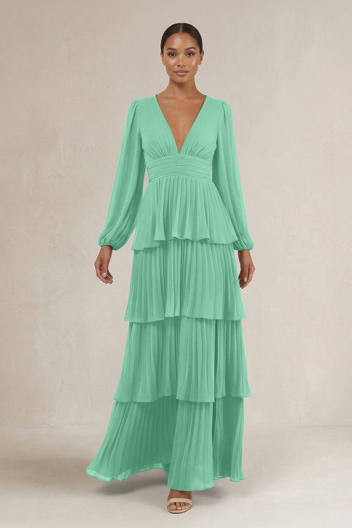 V - Neck Tiered A - Line Long Sleeve Bridesmaid Dress in Turquoise - KissProm Bridesmaid Dresses