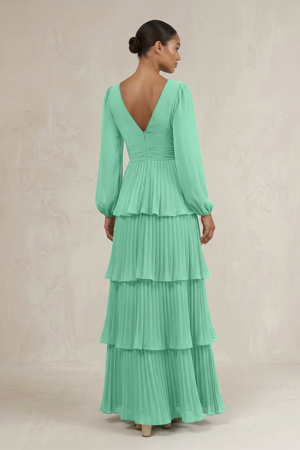 V - Neck Tiered A - Line Long Sleeve Bridesmaid Dress in Turquoise - KissProm Bridesmaid Dresses
