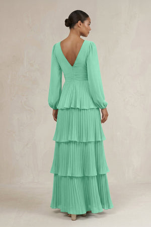 V - Neck Tiered A - Line Long Sleeve Bridesmaid Dress in Turquoise - KissProm Bridesmaid Dresses