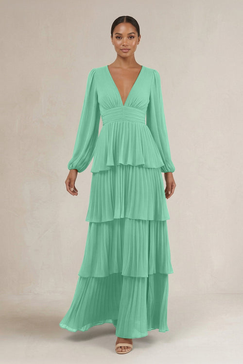 V - Neck Tiered A - Line Long Sleeve Bridesmaid Dress in Turquoise - KissProm Bridesmaid Dresses