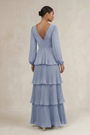 V - Neck Tiered A - Line Long Sleeve Bridesmaid Dress in Twilight - KissProm Bridesmaid Dresses