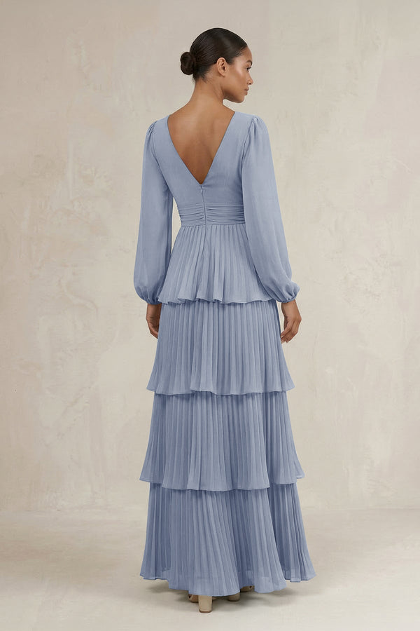 V - Neck Tiered A - Line Long Sleeve Bridesmaid Dress in Twilight - KissProm Bridesmaid Dresses