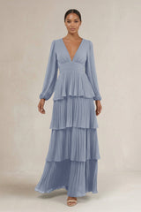 V - Neck Tiered A - Line Long Sleeve Bridesmaid Dress in Twilight - KissProm Bridesmaid Dresses