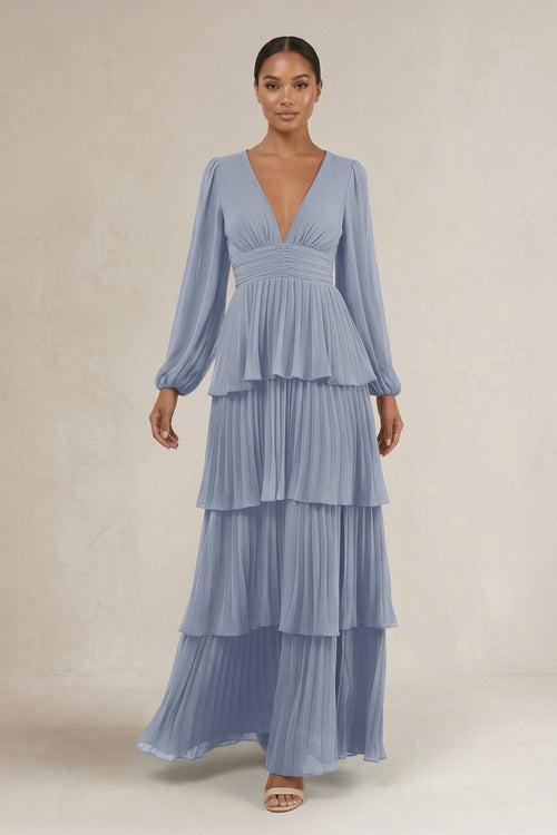 V - Neck Tiered A - Line Long Sleeve Bridesmaid Dress in Twilight - KissProm Bridesmaid Dresses