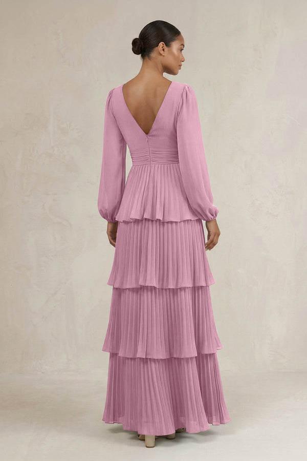 V - Neck Tiered A - Line Long Sleeve Bridesmaid Dress in Vintage Mauve - KissProm Bridesmaid Dresses