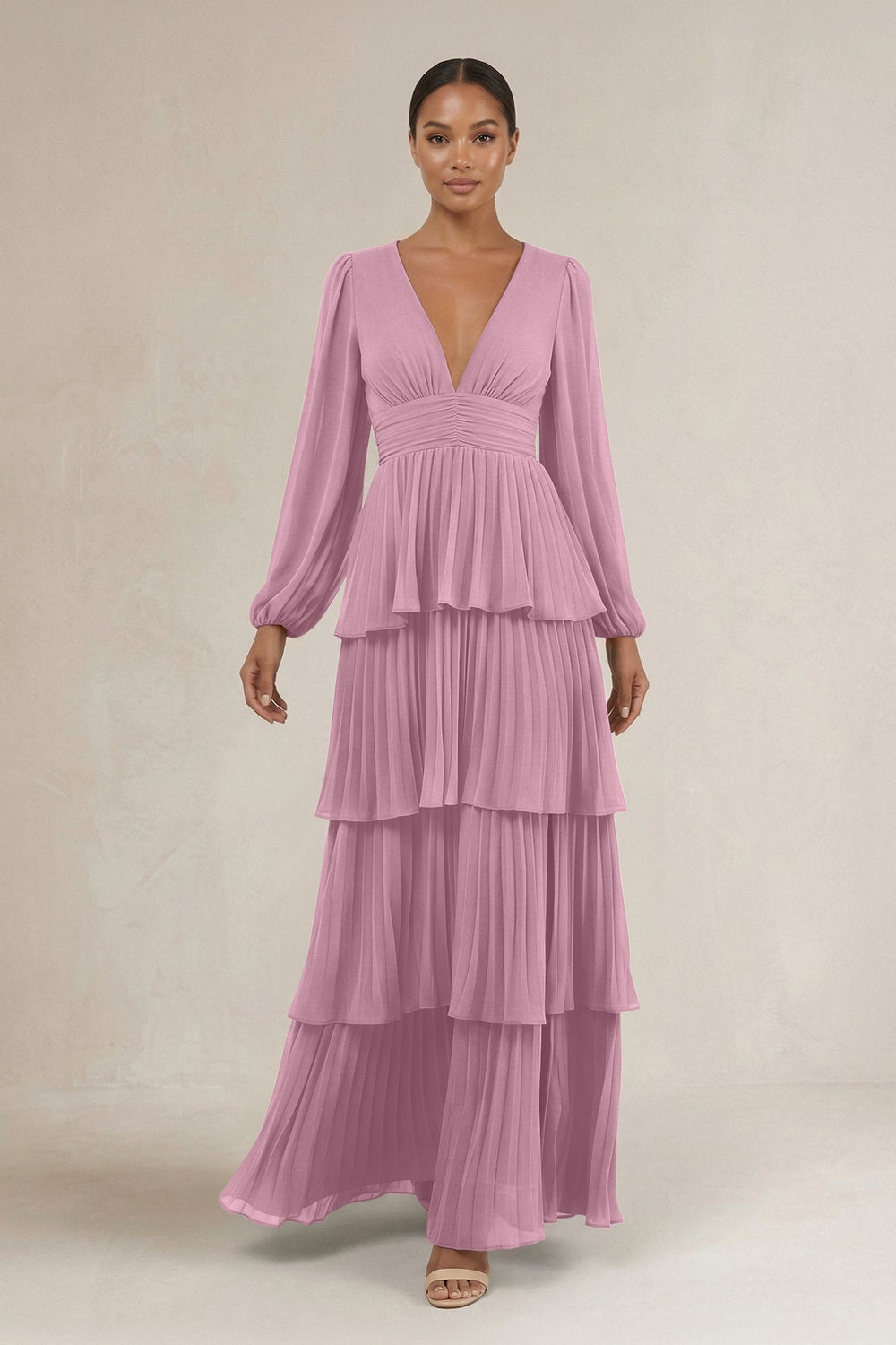 V - Neck Tiered A - Line Long Sleeve Bridesmaid Dress in Vintage Mauve - KissProm Bridesmaid Dresses