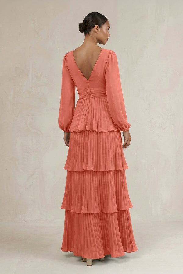 V - Neck Tiered A - Line Long Sleeve Bridesmaid Dress in Wild Rose - KissProm Bridesmaid Dresses