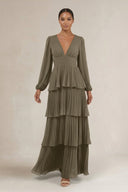 V - Neck Tiered A - Line Long Sleeve Bridesmaid Dress in Willow Green - KissProm Bridesmaid Dresses