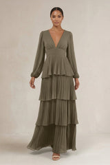 V - Neck Tiered A - Line Long Sleeve Bridesmaid Dress in Willow Green - KissProm Bridesmaid Dresses