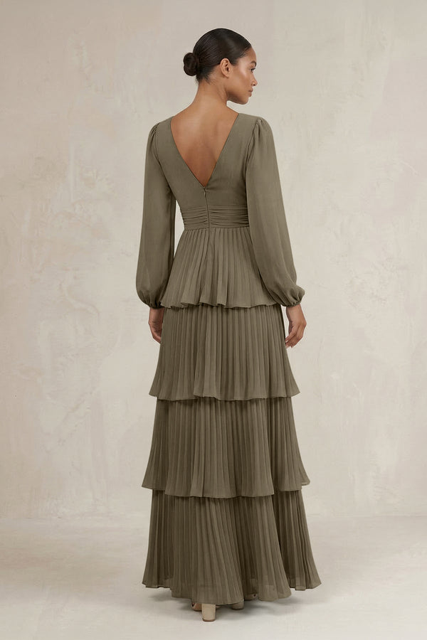 V - Neck Tiered A - Line Long Sleeve Bridesmaid Dress in Willow Green - KissProm Bridesmaid Dresses