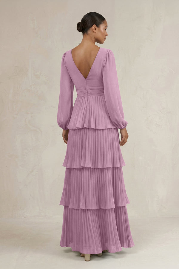 V - Neck Tiered A - Line Long Sleeve Bridesmaid Dress in Wisteria - KissProm Bridesmaid Dresses