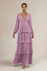 V - Neck Tiered A - Line Long Sleeve Bridesmaid Dress in Wisteria - KissProm Bridesmaid Dresses
