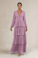 V - Neck Tiered A - Line Long Sleeve Bridesmaid Dress in Wisteria - KissProm Bridesmaid Dresses