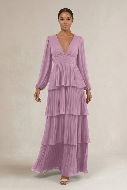 V - Neck Tiered A - Line Long Sleeve Bridesmaid Dress in Wisteria - KissProm Bridesmaid Dresses