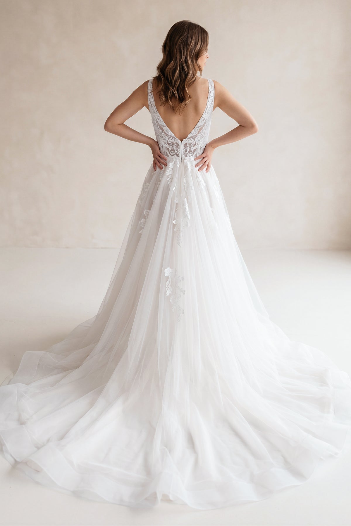 Ivory A-Line Deep V-Neck Backless Long Wedding Dress with Lace, Ivory / 18 Ivory A-Line Deep V-Neck Backless Long Wedding Dress with Lace, Ivory / 18