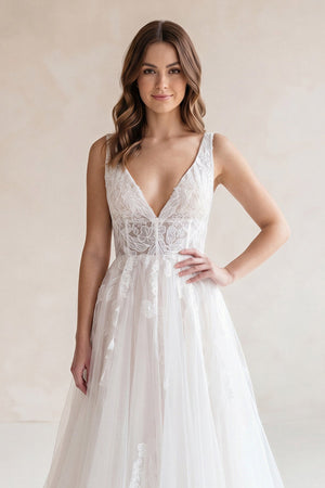 Ivory A-Line Deep V-Neck Backless Long Wedding Dress with Lace Ivory / 18