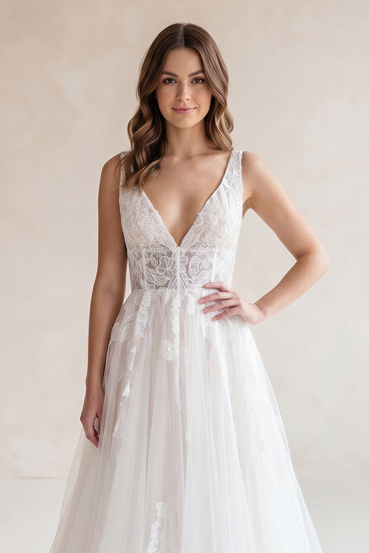Ivory A-Line Deep V-Neck Backless Long Wedding Dress with Lace, Ivory / 18