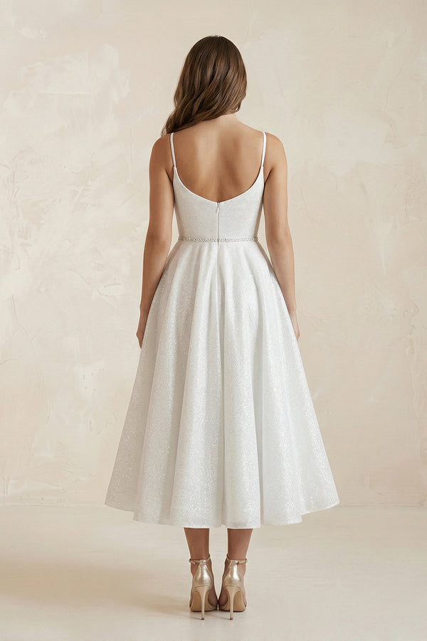 V - Neck Tulle A - Line Ruched Wedding Dress in White - KissProm Wedding Dresses