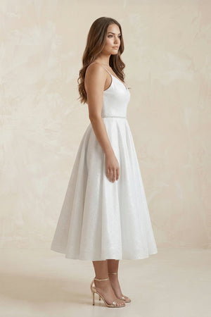V - Neck Tulle A - Line Ruched Wedding Dress in White - KissProm Wedding Dresses