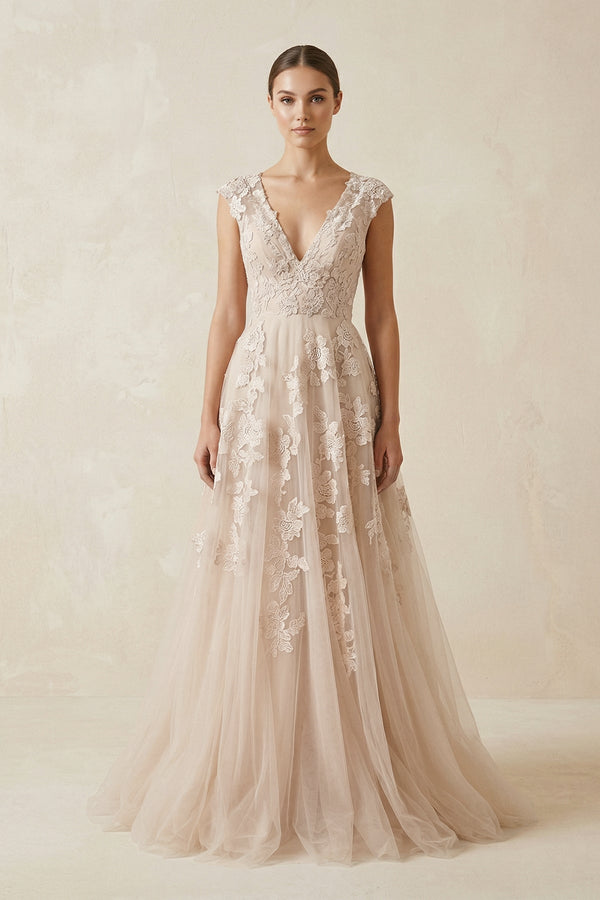 High Quality V-neck Sleeveless Floor-length Wedding Dress with Lace – Wedding Dresses by KissProm | Available at KissProm