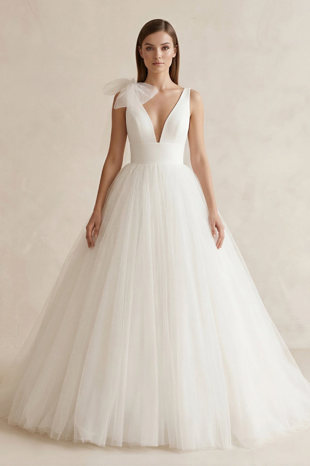 V - Neck Tulle Ball Gown Wedding Dress With Bow in White - KissProm Wedding Dresses