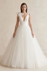 V - Neck Tulle Ball Gown Wedding Dress With Bow in White - KissProm Wedding Dresses