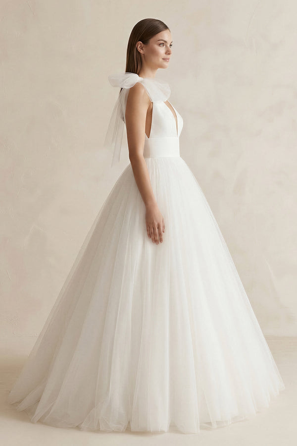 V - Neck Tulle Ball Gown Wedding Dress With Bow in White - KissProm Wedding Dresses
