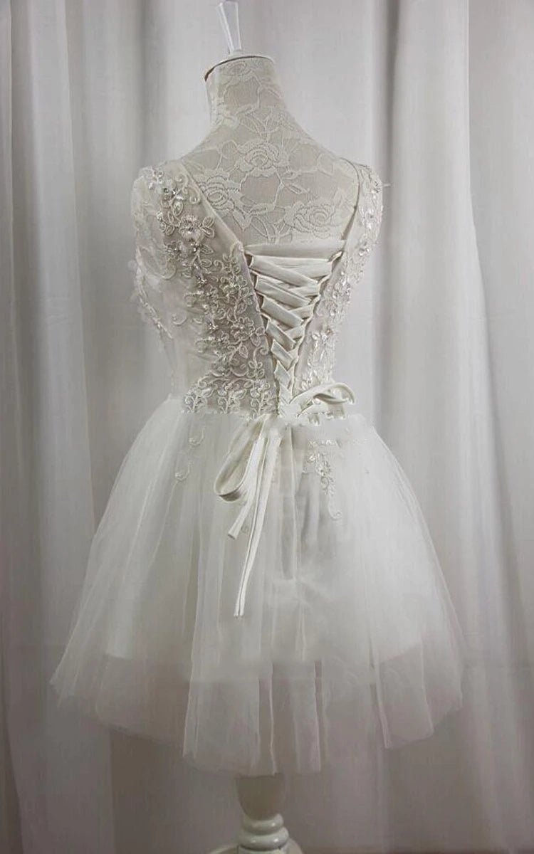 Short V-Neck Tulle Satin A-Line Wedding Dress