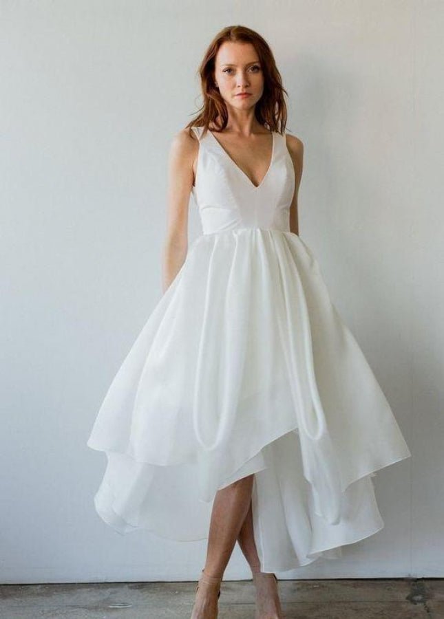 White Sleeveless V - Neck Taffeta Short Wedding Dress with Asymmetric Hem - KissProm