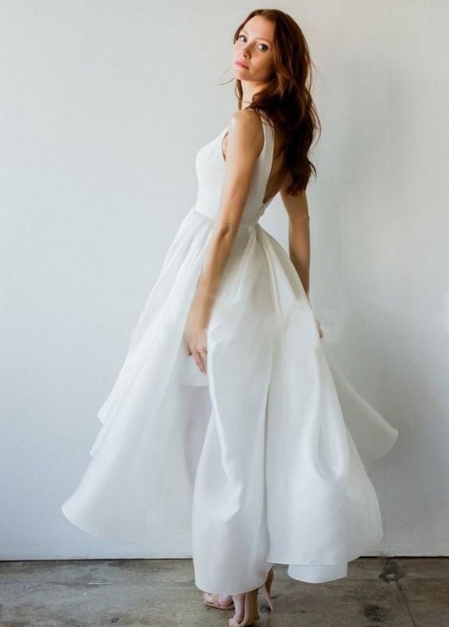White Sleeveless V - Neck Taffeta Short Wedding Dress with Asymmetric Hem - KissProm