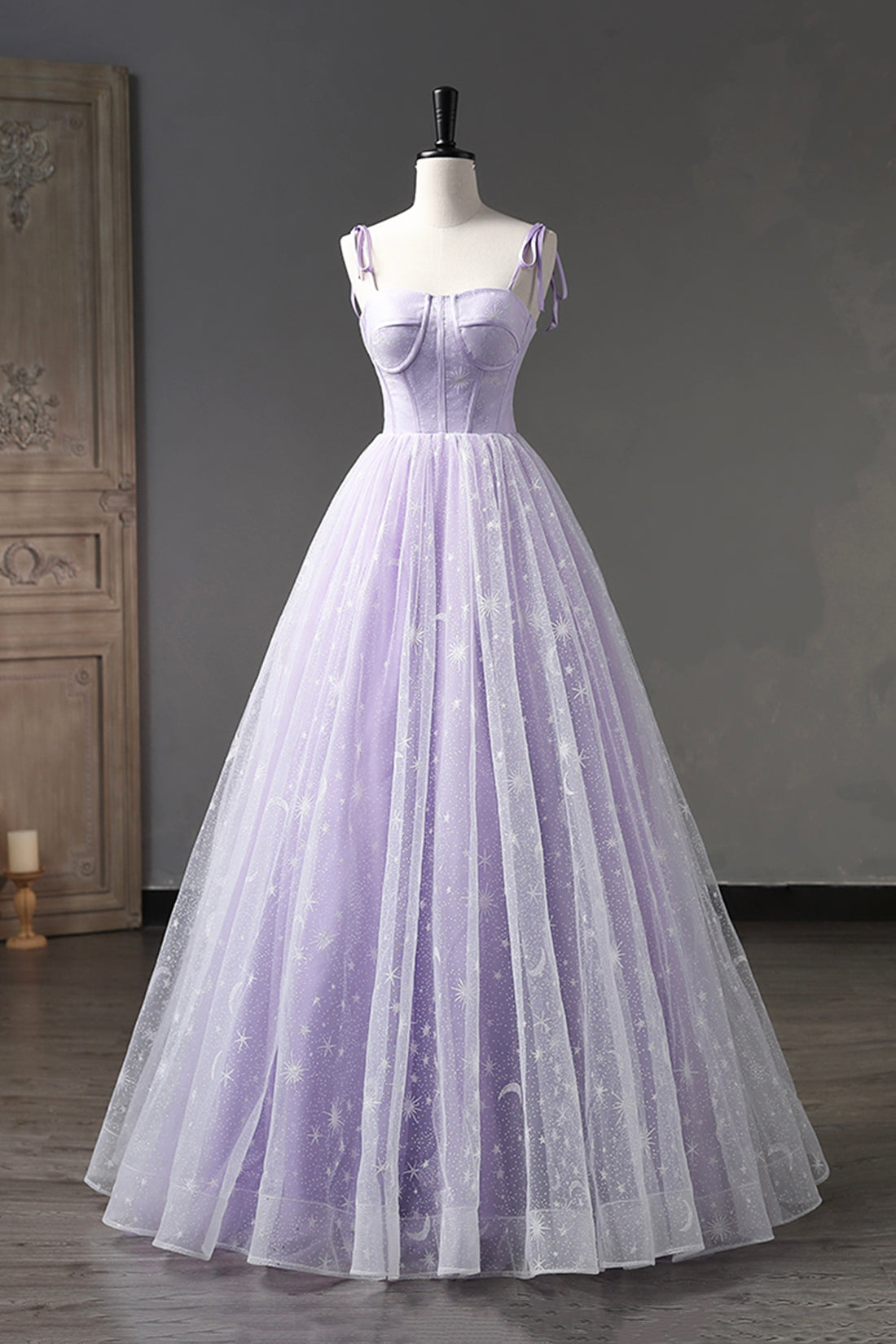 Janelle | Lavender Tulle Straps Floor Length Evening Dress, Lavender A-Line Prom Dress