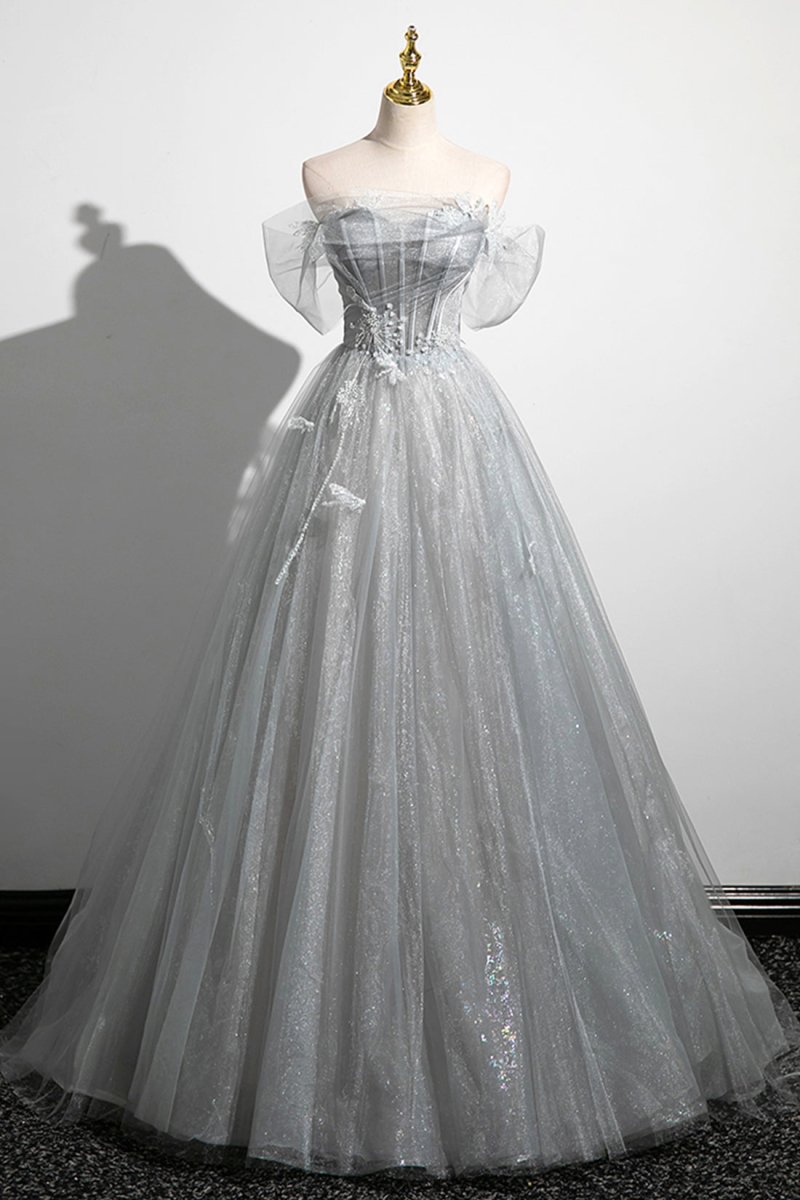 Gray A-Line Off The Shoulder Tulle Prom Dress, Lovely Corset Floor Length Party Dress, Gray / UK 18 Gray A-Line Off The Shoulder Tulle Prom Dress, Lovely Corset Floor Length Party Dress, Gray / UK 18