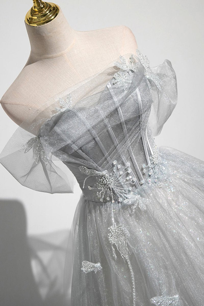 tiana homecoming dress Gray A-Line Off the Shoulder Tulle Prom Dress, Lovely Corset Floor Length Party Dress, Gray / UK 18