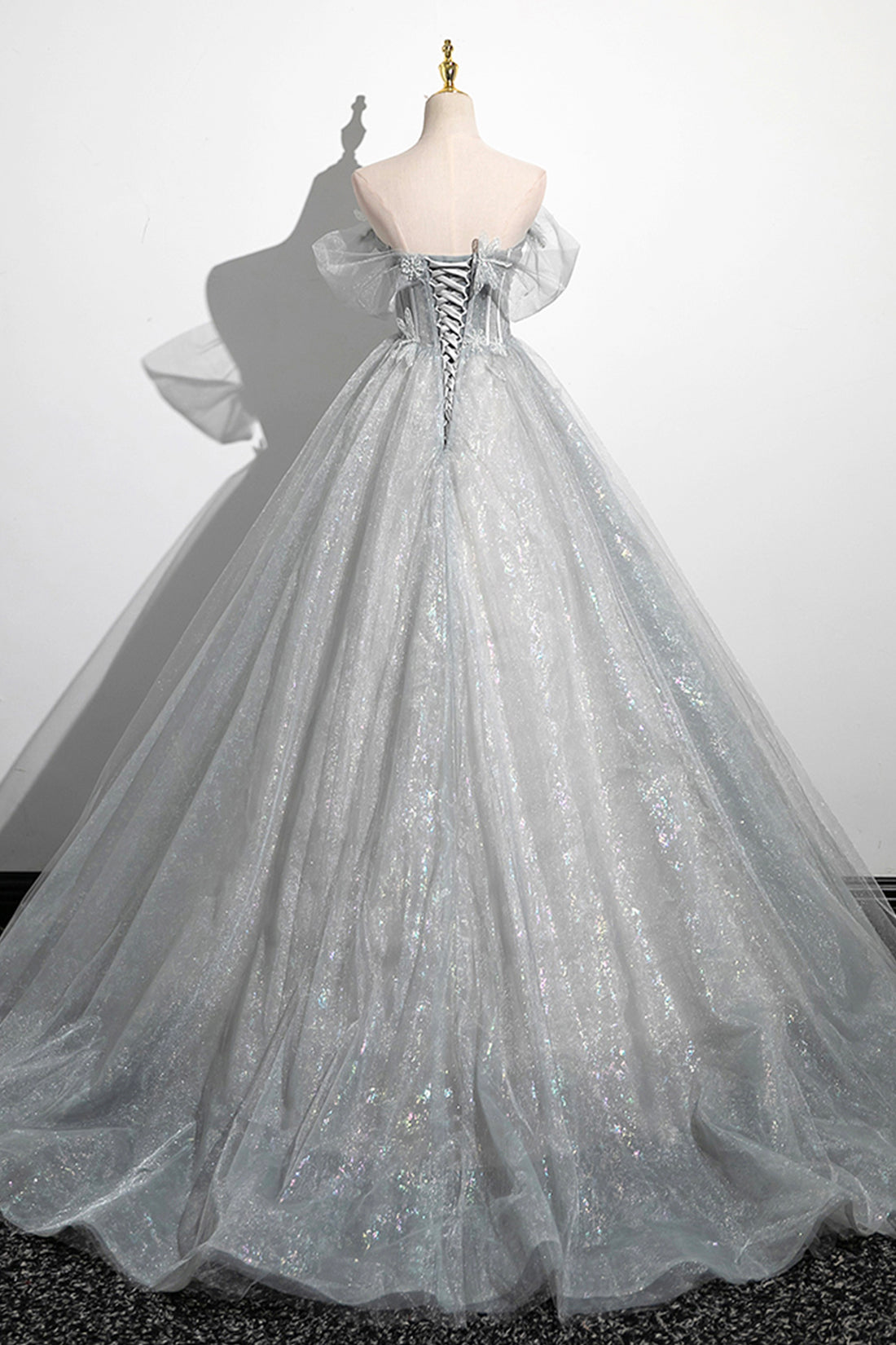 Tiana | Gray A-Line Off the Shoulder Tulle Prom Dress, Lovely Corset Floor Length Party Dress