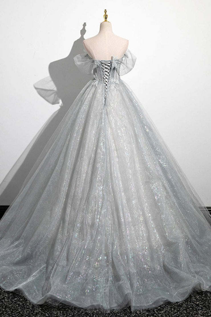 Tulle A Line Off The Shoulder White Floral & Gray Prom Dress