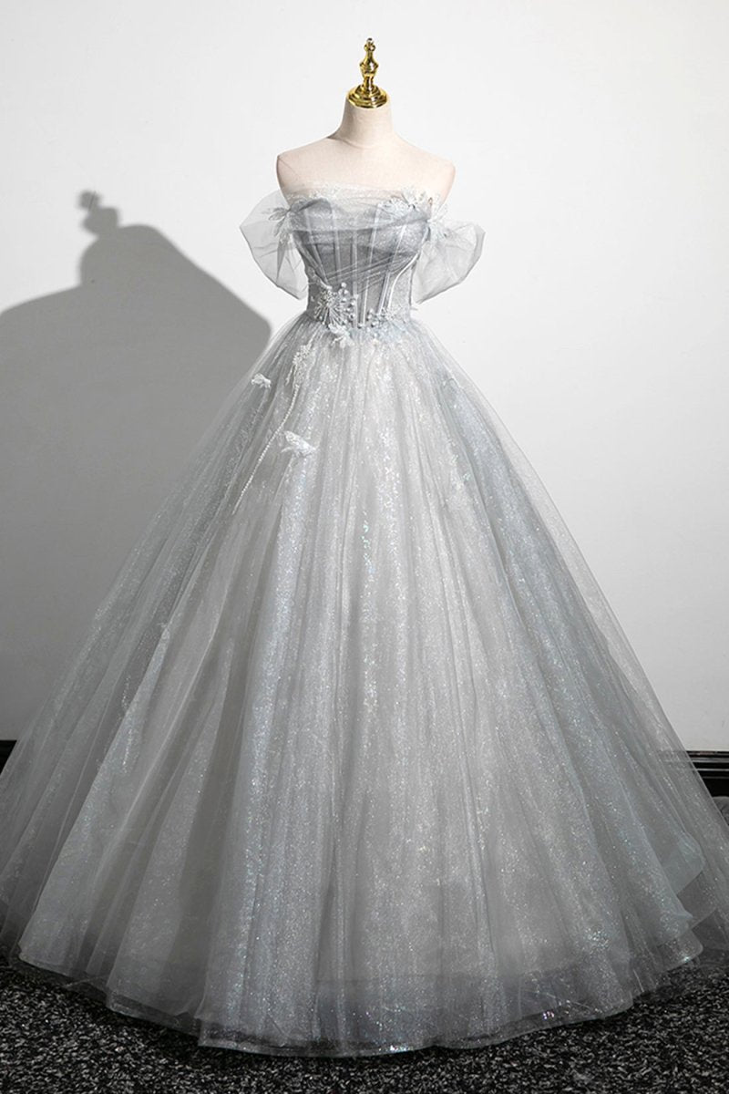 Gray A-Line Off the Shoulder Tulle Prom Dress, Lovely Corset Floor Length Party Dress, Gray / UK 18 Gray A-Line Off the Shoulder Tulle Prom Dress, Lovely Corset Floor Length Party Dress, Gray / UK 18