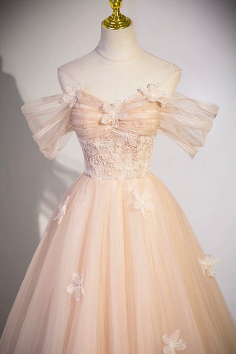 Cute Flowers Tulle Long Formal Dresses, Off Shoulder Evening Dresses Cute Flowers Tulle Long Formal Dresses, Off Shoulder Evening Dresses