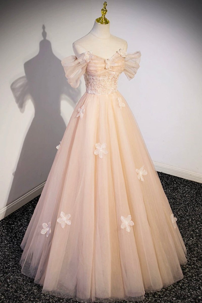 Cute Flowers Tulle Long Formal Dresses, Off Shoulder Evening Dresses Champagne / 6 Cute Flowers Tulle Long Formal Dresses, Off Shoulder Evening Dresses Champagne / 6