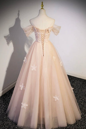 Cute Flowers Tulle Long Formal Dresses, Off Shoulder Evening Dresses Champagne / 6
