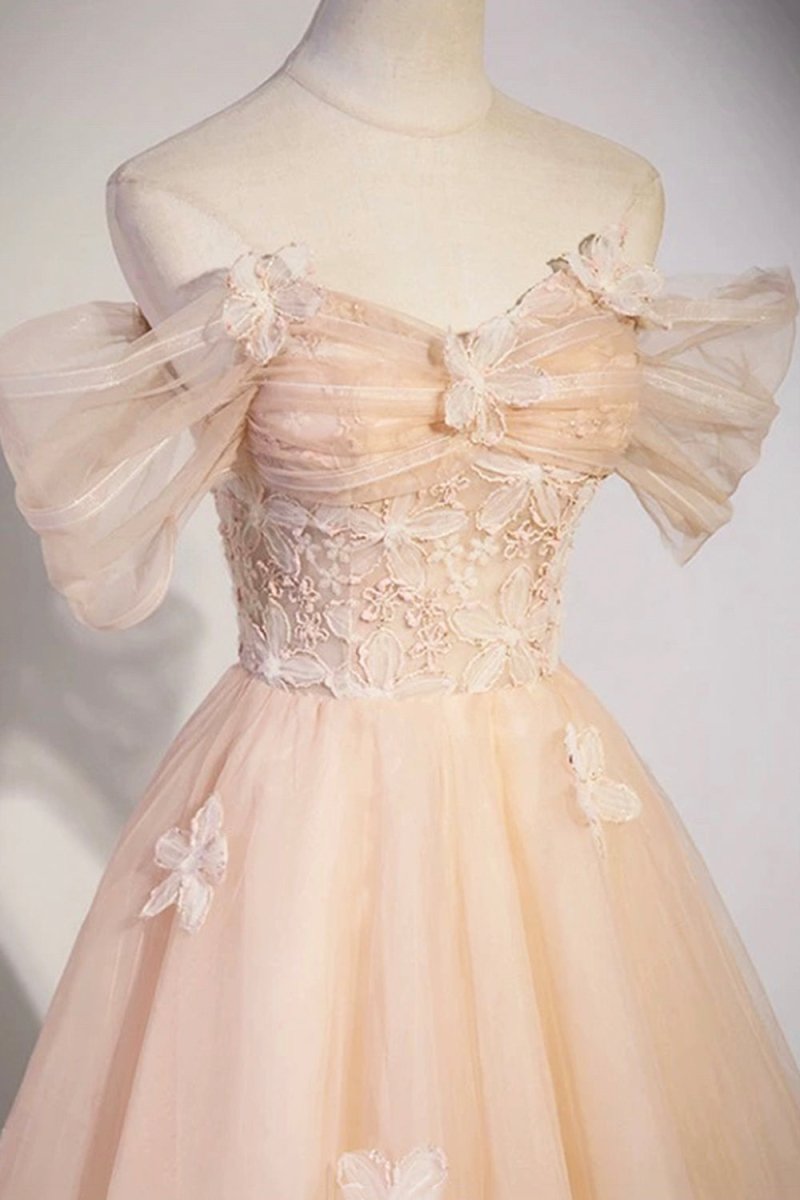slim fit dress slacks Cute Flowers Tulle Long Formal Dresses, Off Shoulder Evening Dresses