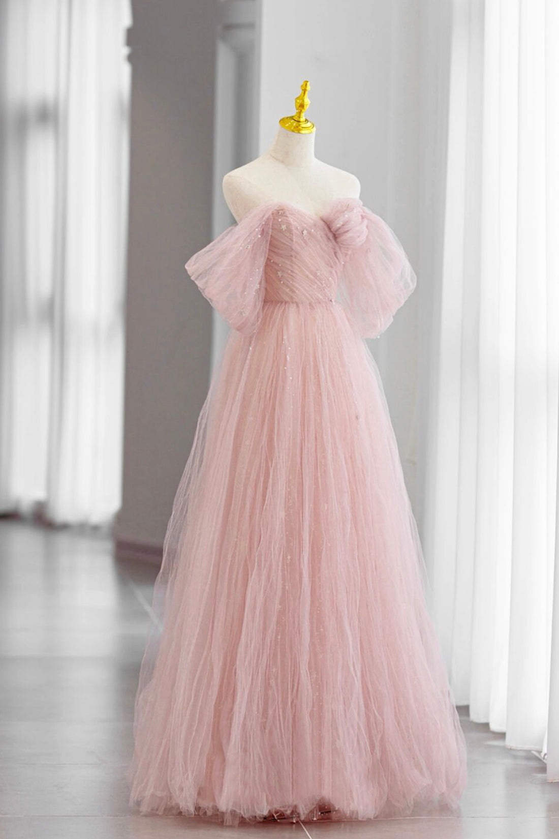 Adalee | Pink Tulle Floor Length Prom Dress, Cute A-Line Evening Party Dress