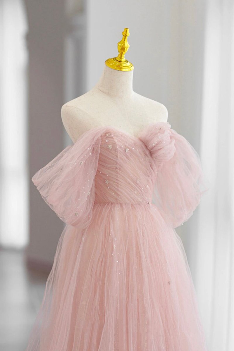 Adalee | Pink Tulle Floor Length Prom Dress, Cute A-Line Evening Party Dress