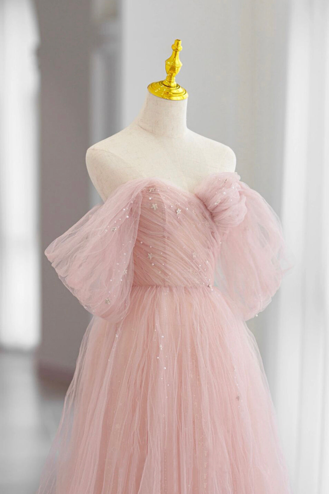 Adalee | Pink Tulle Floor Length Prom Dress, Cute A-Line Evening Party Dress