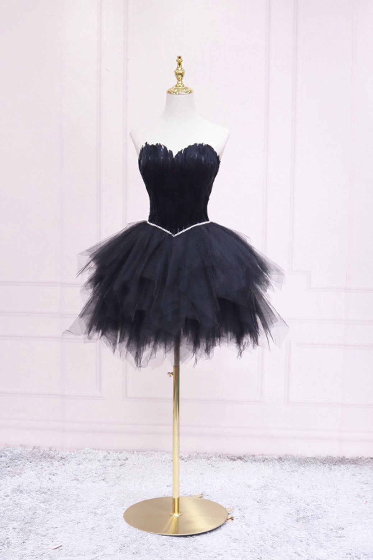 Ila | Black Tulle Short Prom Dress with Feather, A-Line Sweetheart Neckline Party Dress